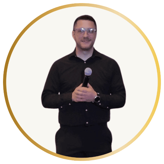 Steve Meyering holding a microphone at a wedding event